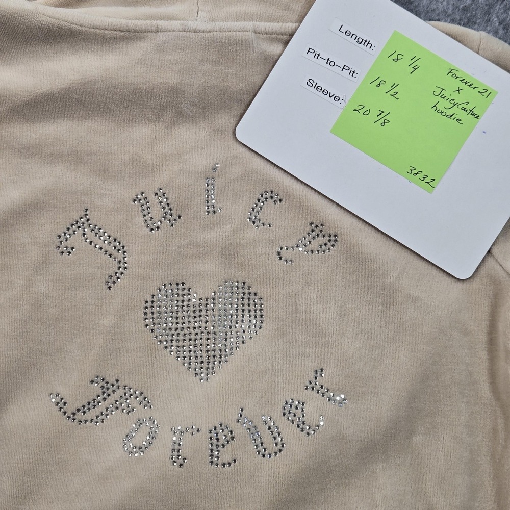 Juicy Couture Forever 21‎ Hoodie Womens Medium Beige Velour Zip Up Rhinestone - Picture 10 of 10